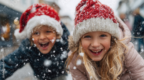 Children playing snow with Christmas hats smiling happily winter outdoor scene festive holiday celebration joyful kids