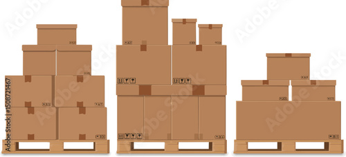 Create a kinds of Cardboard boxes on a wood pallet. Different Boxes on warehouse stack front view.  vector art color with white background.