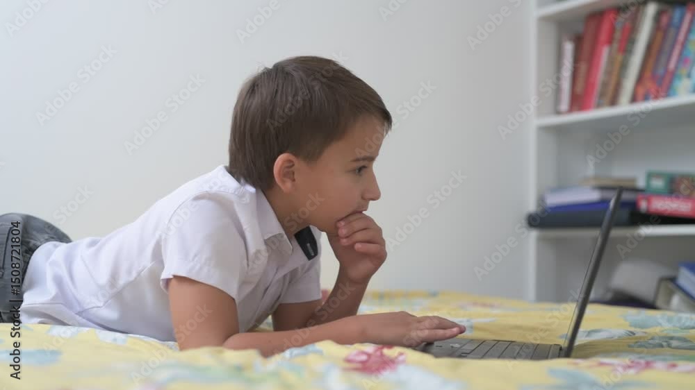 Little schoolboy on video call with laptop, online distance learning Little schoolboy on video call with laptop, online distance learning