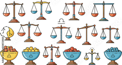 Create a kinds of digital Scales. Bowls of scales in balance, an imbalance of scales. Libra, vector illustration. Line design vector art color with white background.