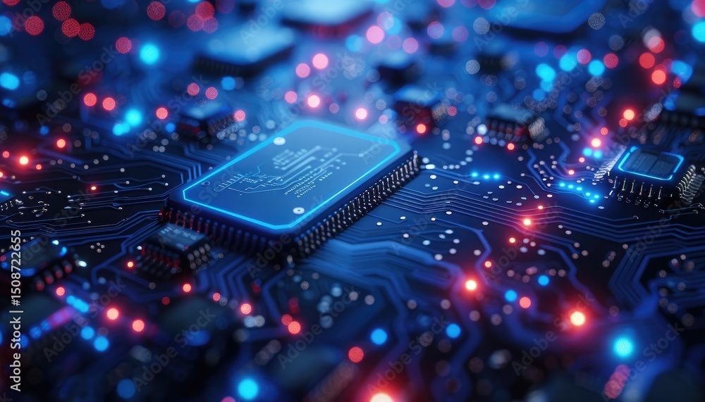 Obraz premium Close-up view of a circuit board with illuminated components.