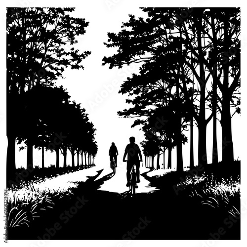  Countryside road with tree-lined path and a bicycle