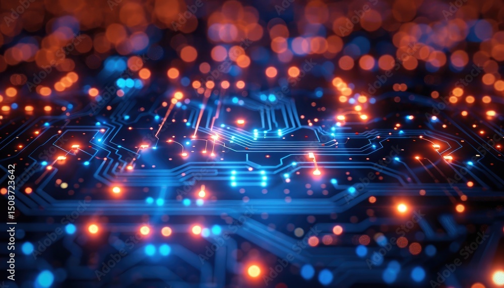 Complex circuit board illuminated with glowing pathways. Complex circuit board illuminated with glowing pathways.