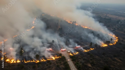 Aerial view of wildfire with heavy smoke in forest