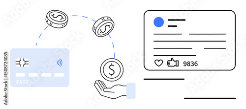 Credit card and coins symbolize online payment. Social post format with thumbs ups, comments express user engagement. Ideal for e-commerce, transactions, banking, social media, marketing, fintech