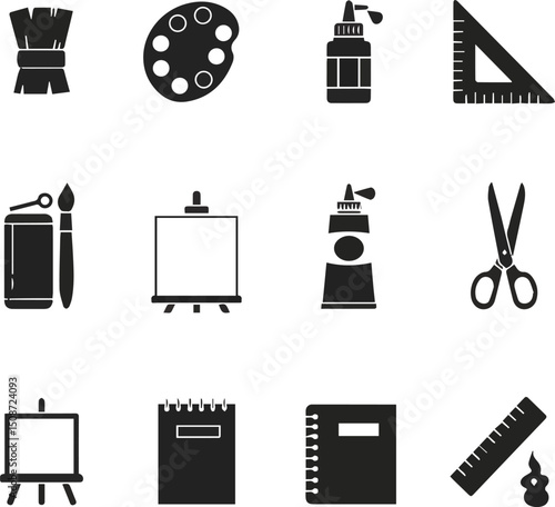 Create a kinds of icons vector art silhouette with white background.