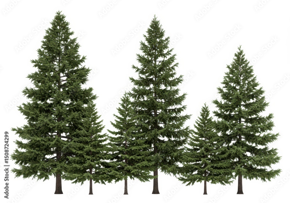 Fototapeta premium Five evergreen trees of varying heights isolated on white background