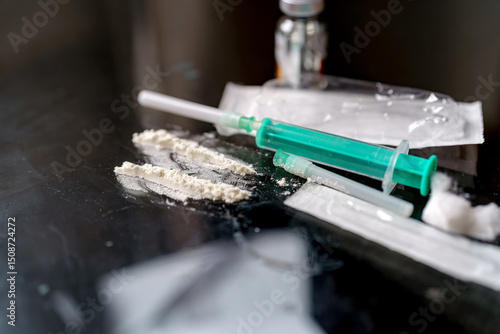 Photography Syringes filled with liquids and powdered substances are placed on a reflective surface
