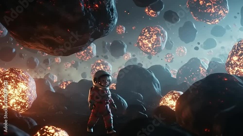 Astronaut exploring a cosmic landscape filled with glowing asteroids and vibrant space phenomena