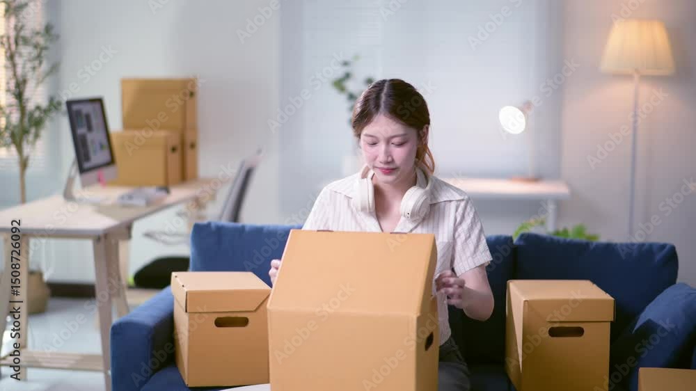 A woman is holding a cardboard box and smiling. She is wearing headphones and is in a room with a desk and a chair A woman is holding a cardboard box and smiling. She is wearing headphones and is in a room with a desk and a chair