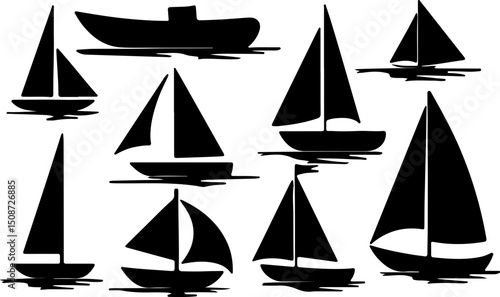 Create a kinds of Silhouette pictograms illustrating various sailing boats on water in a minimalist design style vector art white background.