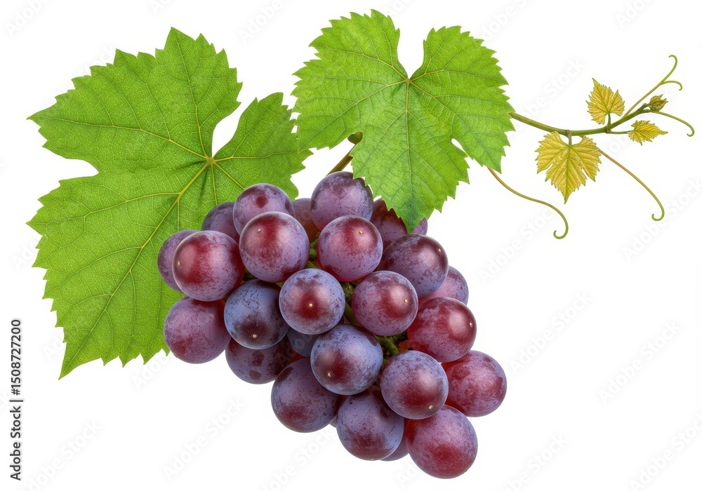 Fototapeta premium Bunch of red grapes with leaves isolated on white background, close up