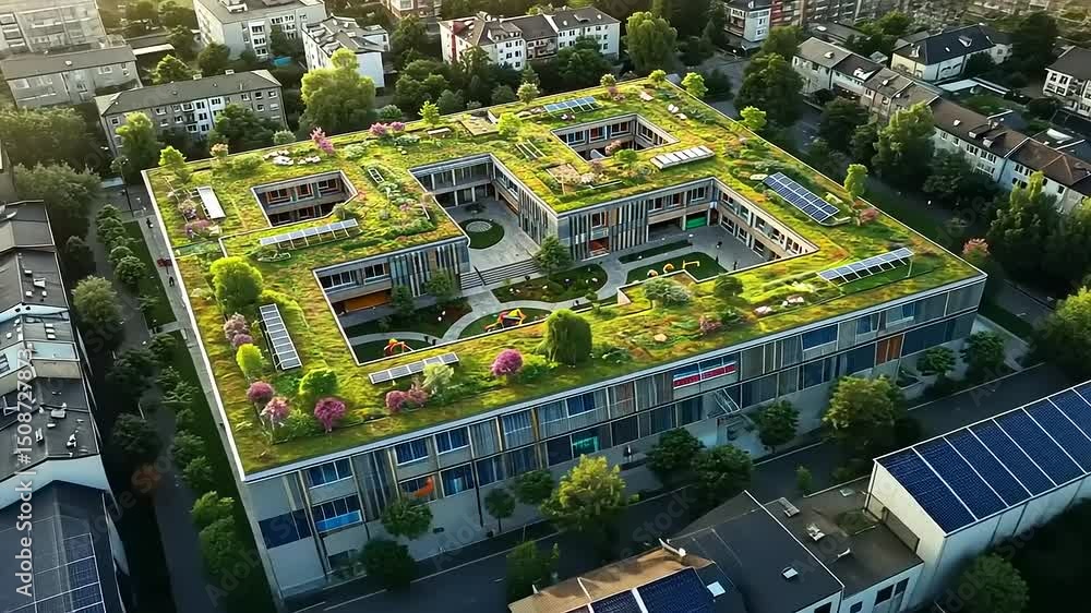 Aerial view of a modern eco-friendly building with rooftop gardens and vibrant landscaping Aerial view of a modern eco-friendly building with rooftop gardens and vibrant landscaping
