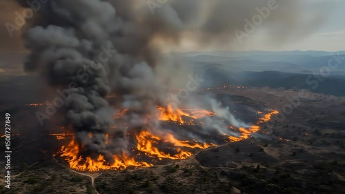 Thick black smoke and flames rise from wildfire