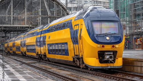 Dutch double-deck train standstill at railway station ready for passenger service