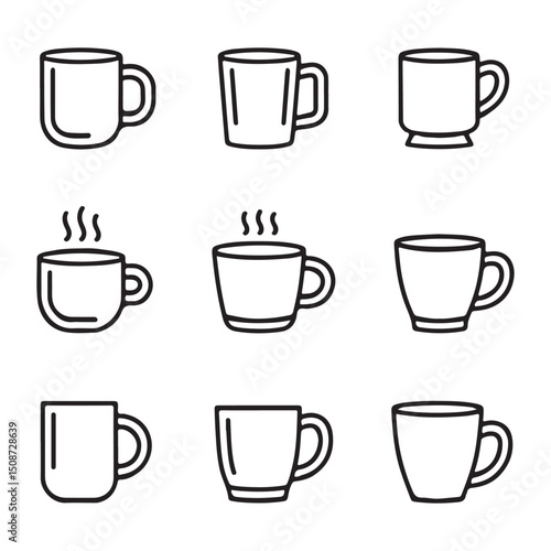 Mug and Hot Beverage Icons Set. Simple Line Art Illustrations of Various Coffee Mugs
