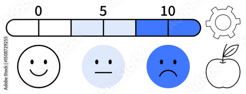 Numerical scale from 0 to 10 with happy, neutral, and sad faces, accompanied by a gear and apple. Ideal for feedback, mood tracking, wellness, productivity, surveys health and simple landing page