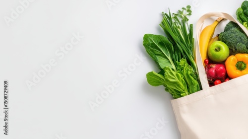 Fresh vegetables and fruits in a reusable tote bag on a clean white background