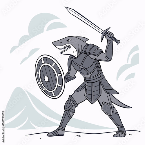 Shark Warrior with Sword and Shield in Armor Ready for Battle
