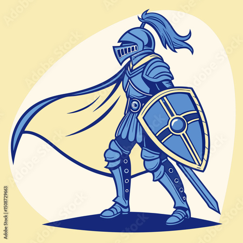 Illustration of a medieval knight in full armor with shield and sword