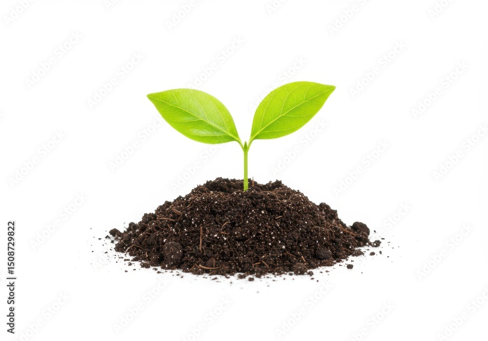 Small plant growing from a pile of soil against a white background Small plant growing from a pile of soil against a white background