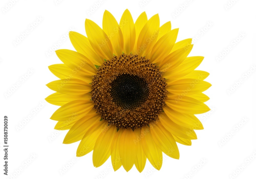 Fototapeta premium Isolated sunflower with bright yellow petals and dark center on white background