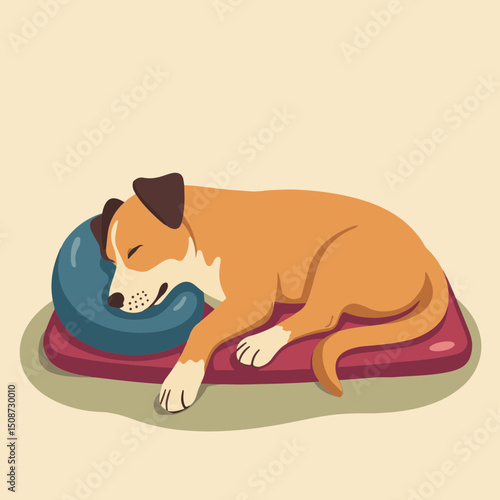 Adorable brown dog sleeping peacefully on its burgundy pet bed with a blue pillow.  Sweet dog taking a nap on comfortable bedding perfect for pet-related products.