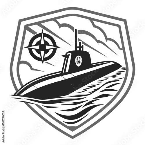 Submarine badge with compass rose ocean waves and sky background