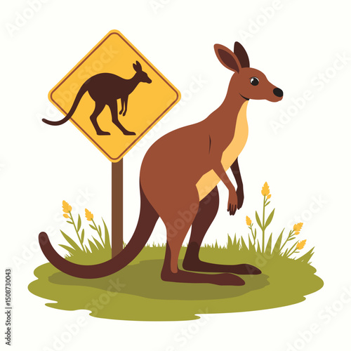 Red kangaroo macropods rufus near warning road sign. Kangaroo illustration with detailed features and vibrant colors.  Adorable marsupial near yellow sign perfect for children's books,