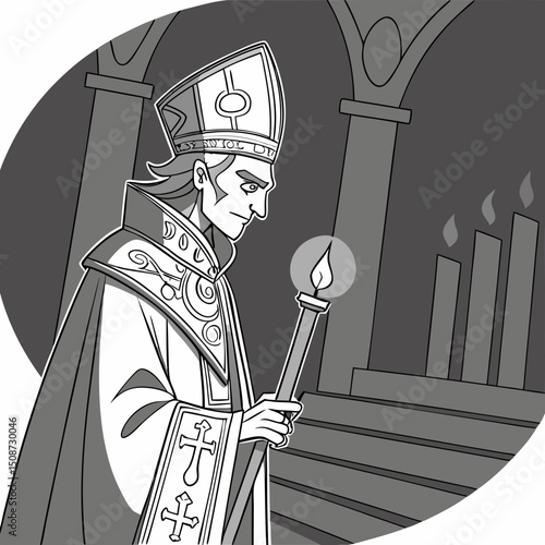 Cartoon Bishop Holding Candle in Church Interior in Black and White