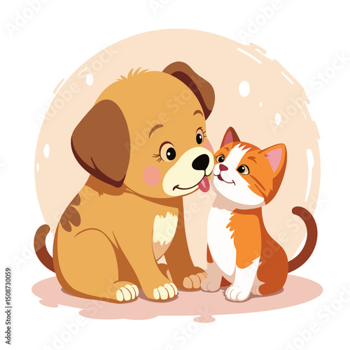 Adorable puppy and kitten together.  Friendly dog and cat sitting close, showing affection. Sweet pets illustration perfect for pet adoption posters or children's book illustrations.