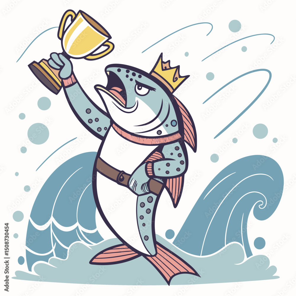 Naklejka premium Cartoon Fish King Holding Trophy Cup Above Water Waves Illustration