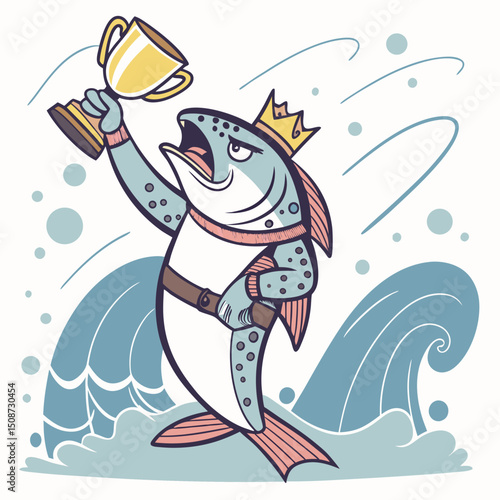 Cartoon Fish King Holding Trophy Cup Above Water Waves Illustration