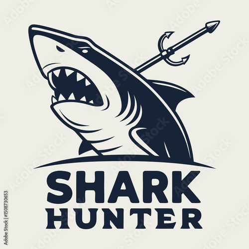 Shark hunter logo with spear and open mouth vector illustration