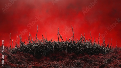 Apocalyptic landscape thorny branches on red soil under a fiery sky