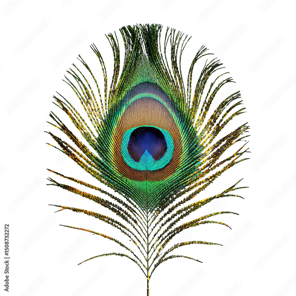Fototapeta premium Peacock Feather, Isolated Transparent Background, Tropical Design Element