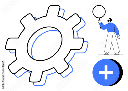Large gear icon with a bold plus button and a person holding a sphere symbolizing collaboration, innovation, and system enhancement. Ideal for teamwork, efficiency, growth, creativity, technology