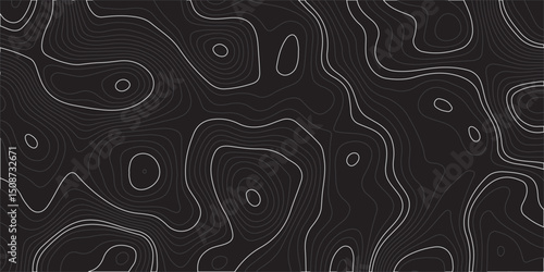 "Create a seamless dark topographic map pattern with fluid, wavy contour lines in grayscale tones. The design should have an abstract, modern aesthetic suitable for backgrounds or digital wallpapers."