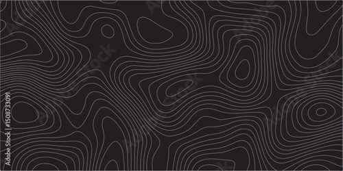  A detailed topographic map pattern featuring thin gray contour lines on a solid black background, indicating varying elevations of a landscape.