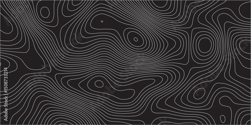  A detailed topographic map pattern featuring thin gray contour lines on a solid black background, indicating varying elevations of a landscape.