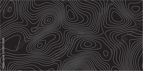  A detailed topographic map pattern featuring thin gray contour lines on a solid black background, indicating varying elevations of a landscape.