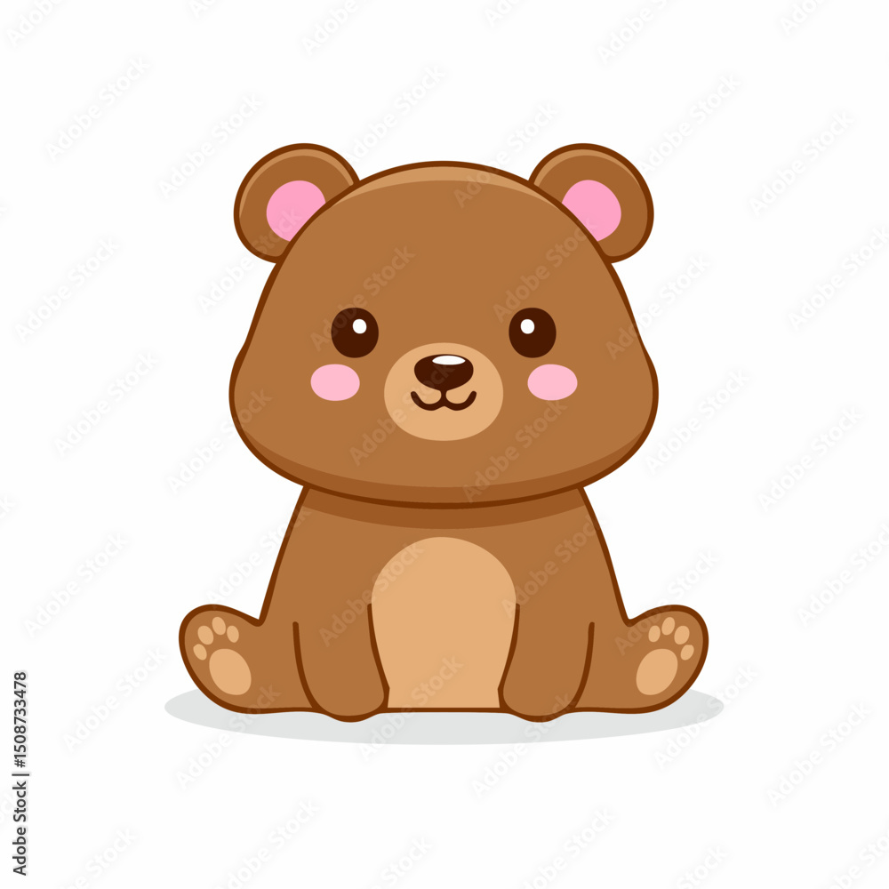 Cute Kawaii Brown Bear Sitting with Pink Cheeks and Smiling Face Cute Kawaii Brown Bear Sitting with Pink Cheeks and Smiling Face