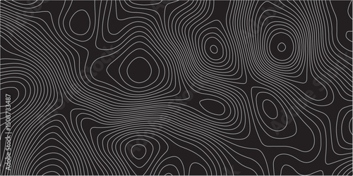  A detailed topographic map pattern featuring thin gray contour lines on a solid black background, indicating varying elevations of a landscape.