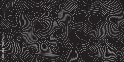  A detailed topographic map pattern featuring thin gray contour lines on a solid black background, indicating varying elevations of a landscape.