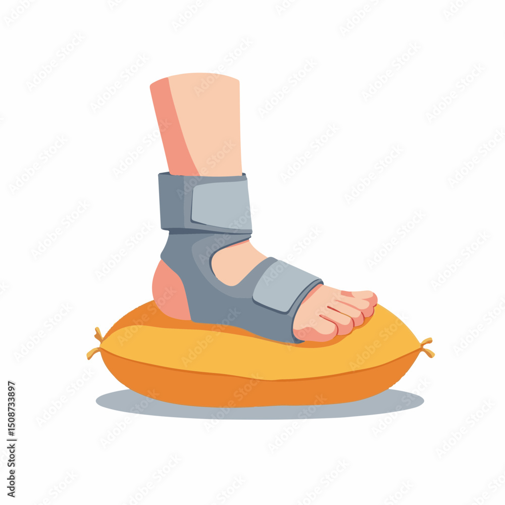 Obraz premium Injured foot resting on pillow with ankle support brace. Foot injury recovery involves elevation and immobilization using comfortable pillow.