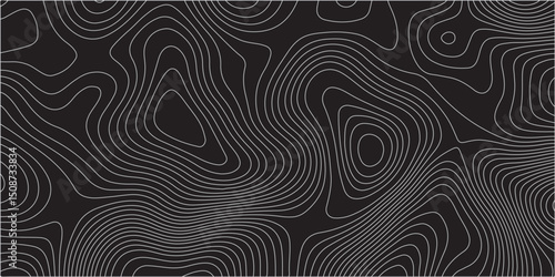  A detailed topographic map pattern featuring thin gray contour lines on a solid black background, indicating varying elevations of a landscape.