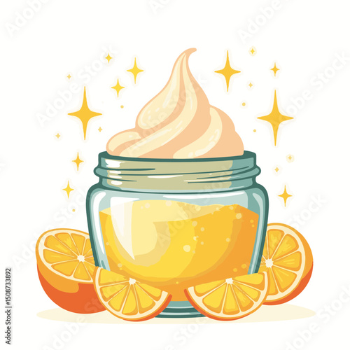 Homemade orange curd in glass jar with whipped cream topping. Sweet orange curd dessert is perfect treat for summer. This delicious orange curd recipe is ideal for website design, food blog,
