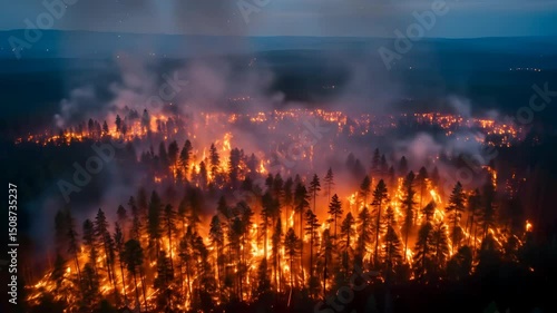 Burning forest during evening twilight hour