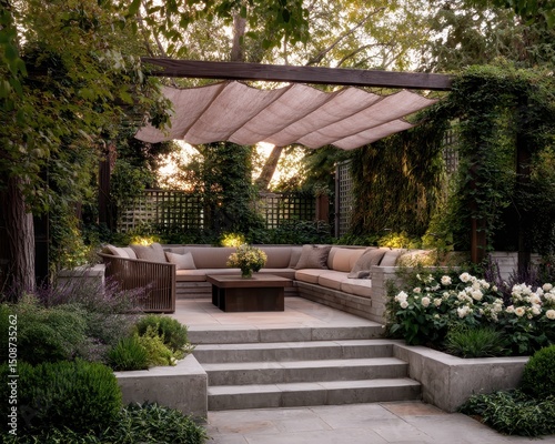 Stylish outdoor seating area with a pergola and landscaping.
