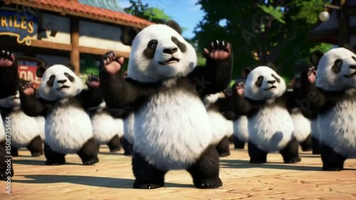 Animated pandas dance, arms raised in a cheerful group. 